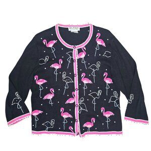 Jack B. Quick Black Cardigan beaded & sequins with Pink Flamingo Embroidery XL